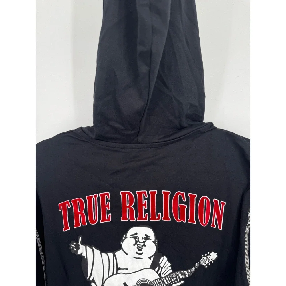 NWT True Religion Flocked Logo Hooded Henley T-Shirt Shirt Men's Large Jet Black